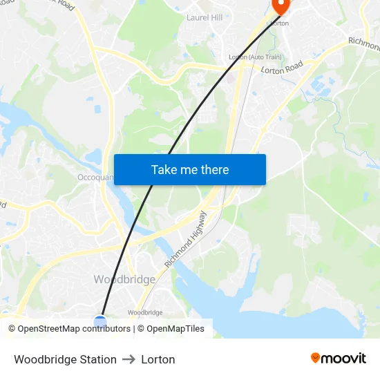 Woodbridge Station to Lorton map