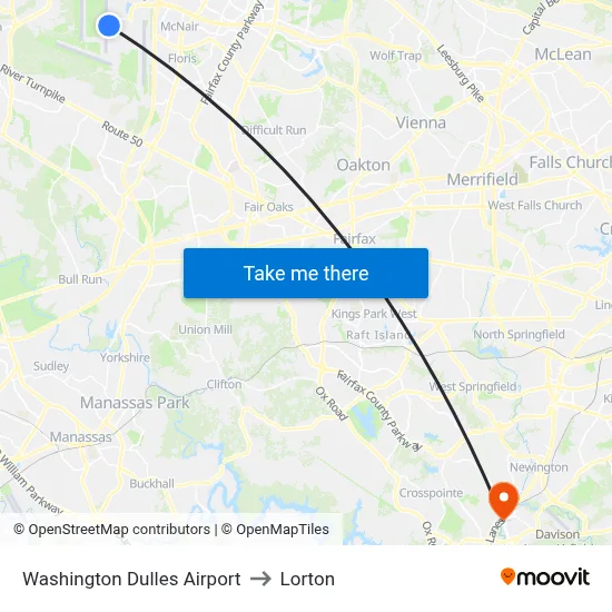 Washington Dulles Airport to Lorton map