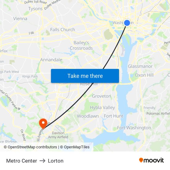 Metro Center to Lorton map