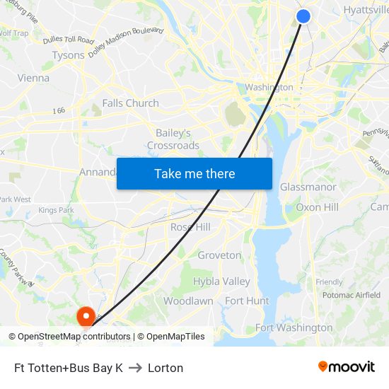 Fort Totten+Bay K to Lorton map