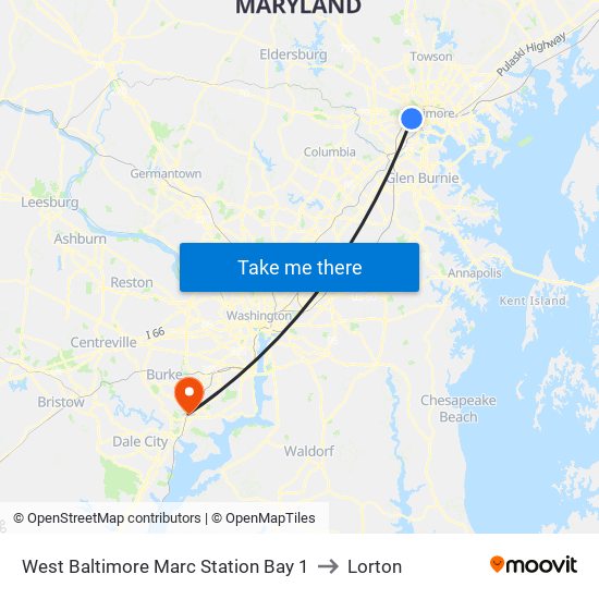 West Baltimore Marc Station Bay 1 to Lorton map