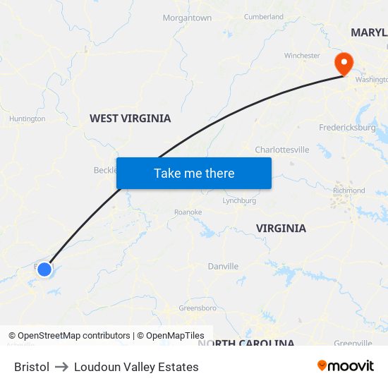 Bristol to Loudoun Valley Estates map