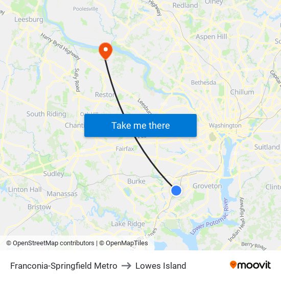 Franconia-Springfield Metro to Lowes Island map