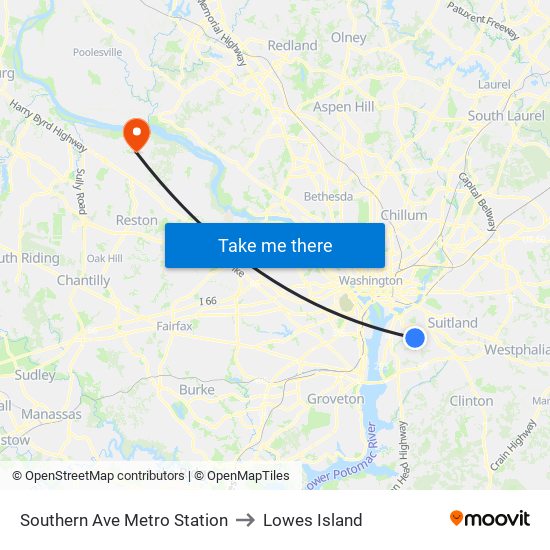 Southern Ave Metro Station to Lowes Island map