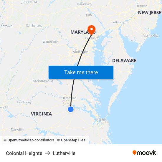 Colonial Heights to Lutherville map