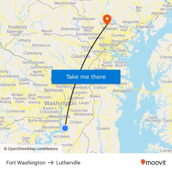 Fort Washington to Lutherville map