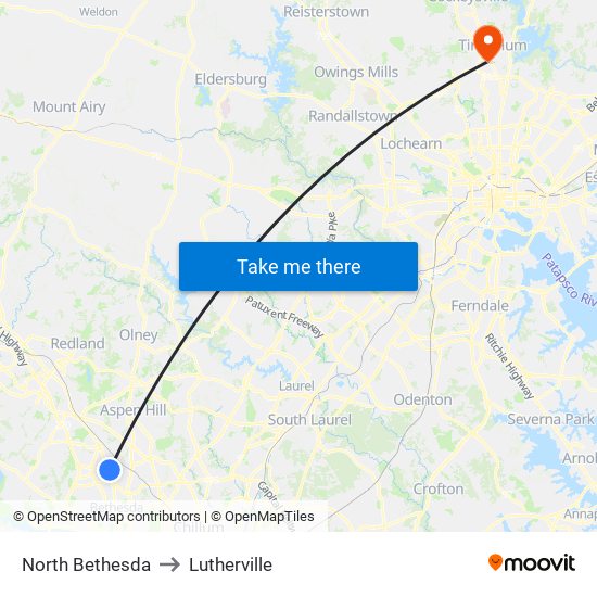 North Bethesda to Lutherville map