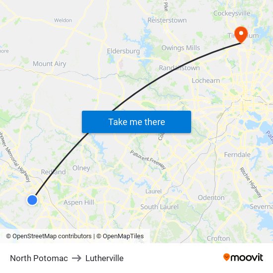 North Potomac to Lutherville map