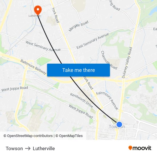 Towson to Lutherville map