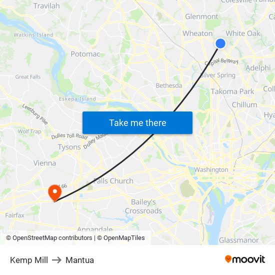 Kemp Mill to Mantua map