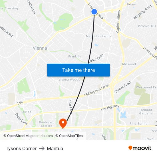 Tysons Corner to Mantua map