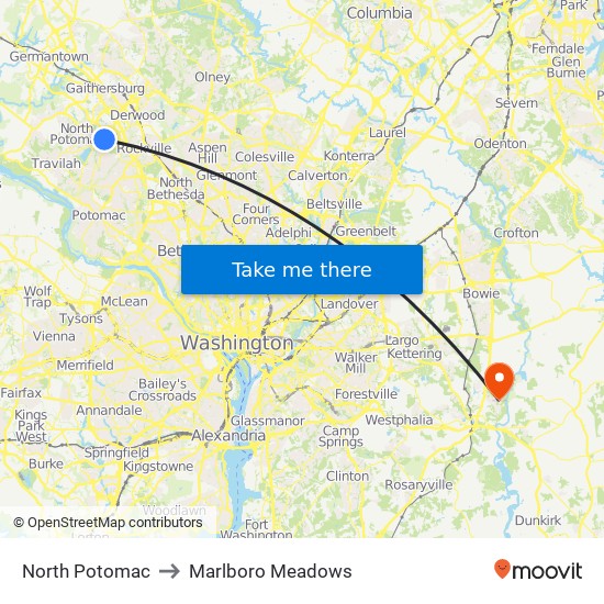 North Potomac to Marlboro Meadows map