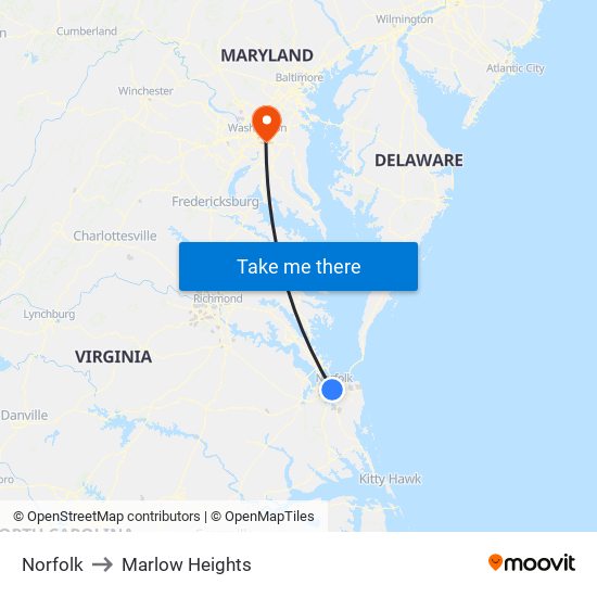 Norfolk to Marlow Heights map