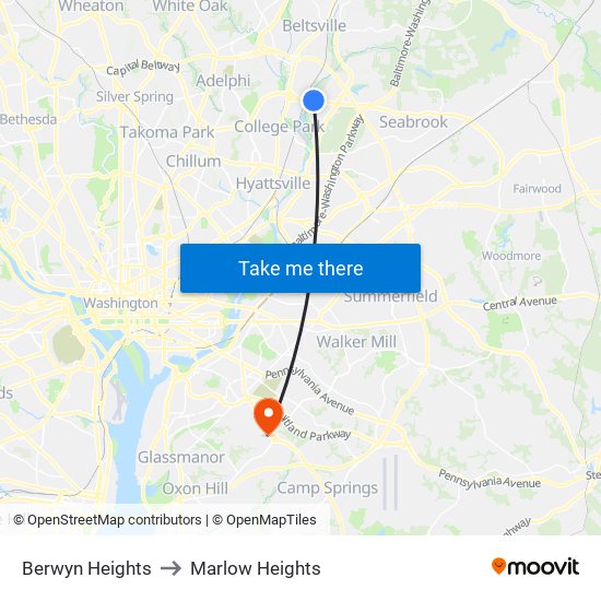 Berwyn Heights to Marlow Heights map