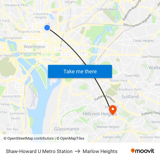 Shaw-Howard U Metro Station to Marlow Heights map