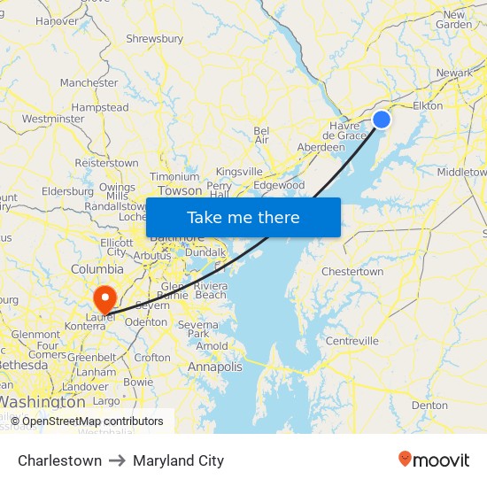 Charlestown to Maryland City map
