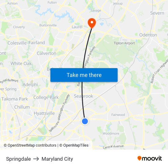 Springdale to Maryland City map