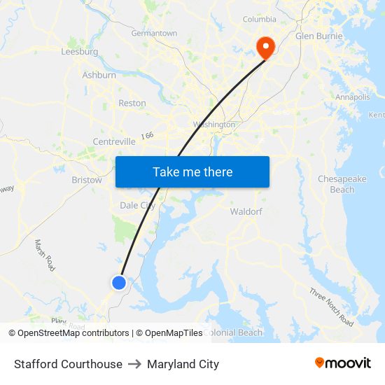 Stafford Courthouse to Maryland City map