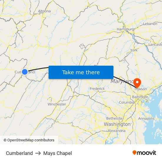 Cumberland to Mays Chapel map