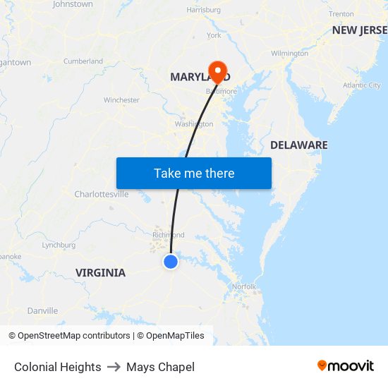 Colonial Heights to Mays Chapel map