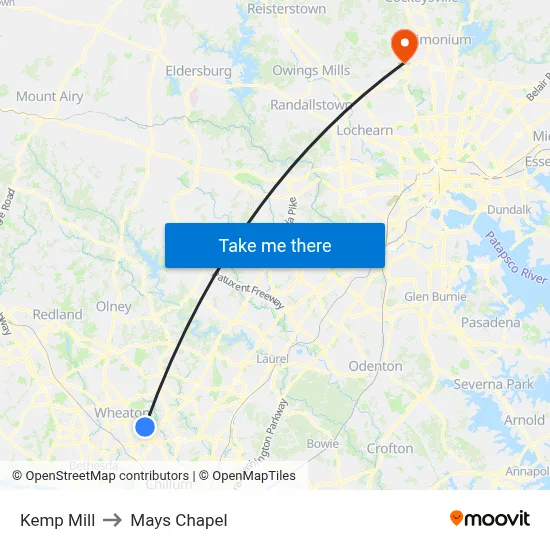 Kemp Mill to Mays Chapel map