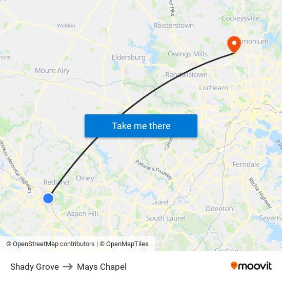 Shady Grove to Mays Chapel map