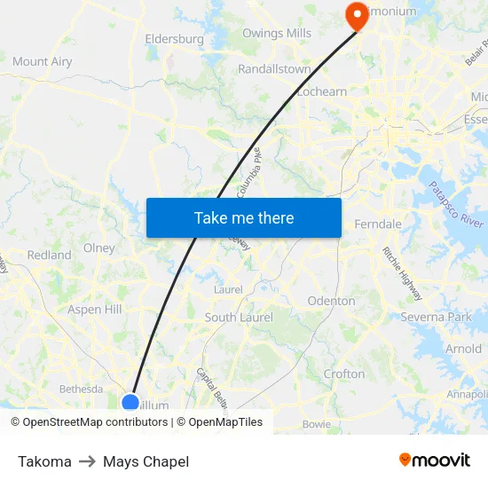 Takoma to Mays Chapel map