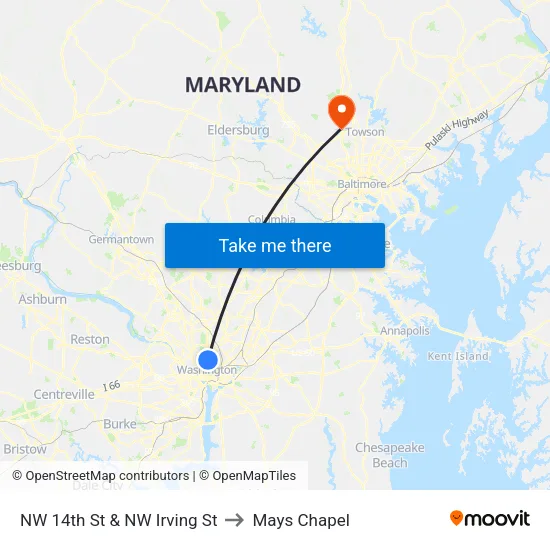 NW 14th St & NW Irving St to Mays Chapel map