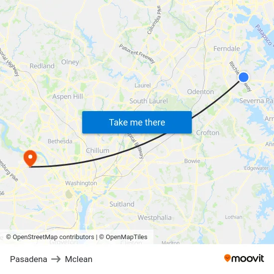Pasadena to Mclean map