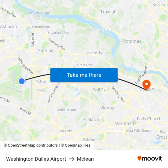Washington Dulles Airport to Mclean map