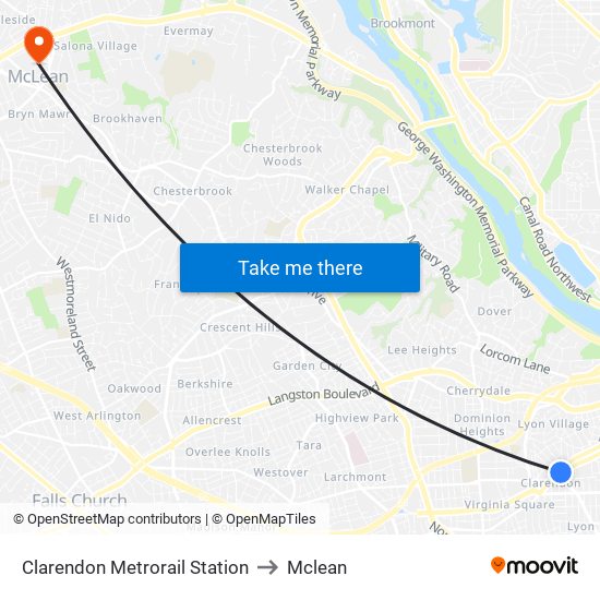 Clarendon Metrorail Station to Mclean map