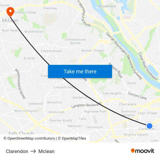 Clarendon to Mclean map