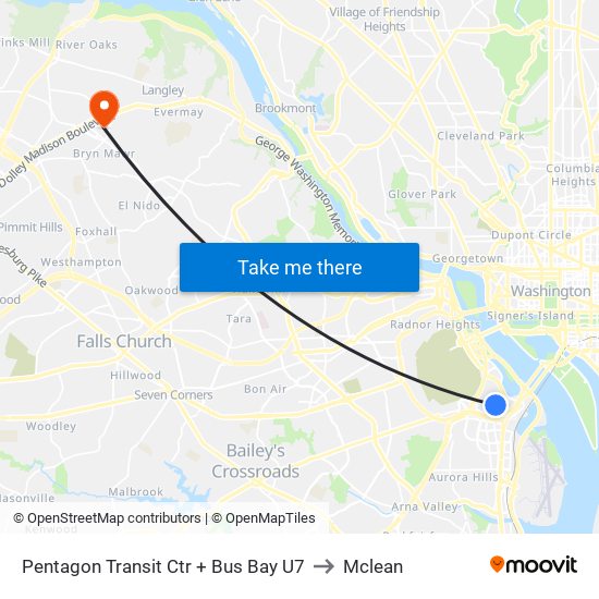 Pentagon Transit Ctr + Bus Bay U7 to Mclean map