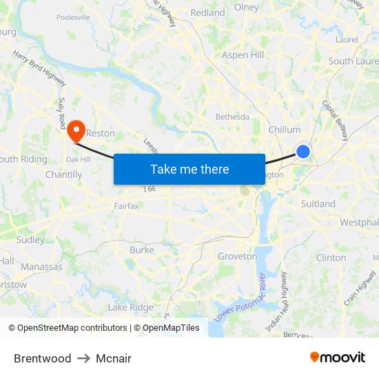 Brentwood to Mcnair map