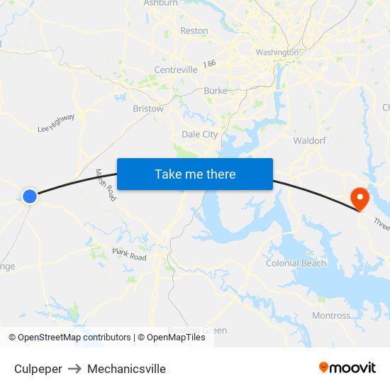 Culpeper to Mechanicsville map