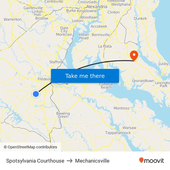 Spotsylvania Courthouse to Mechanicsville map