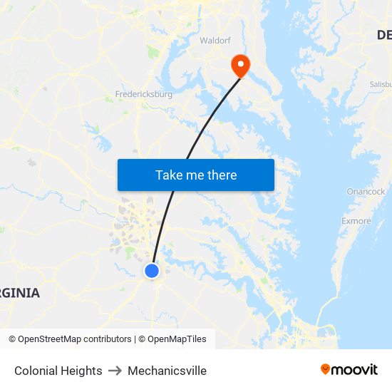 Colonial Heights to Mechanicsville map