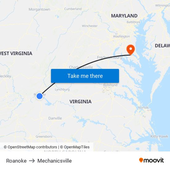 Roanoke to Mechanicsville map