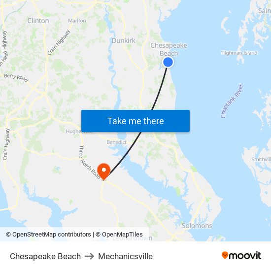 Chesapeake Beach to Mechanicsville map