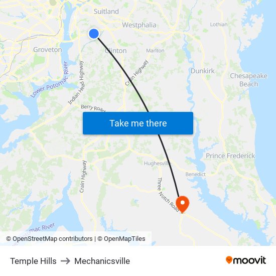 Temple Hills to Mechanicsville map