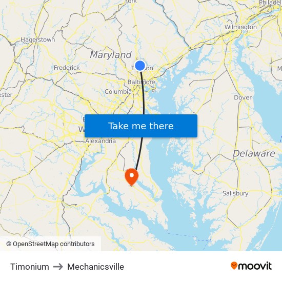 Timonium to Mechanicsville map