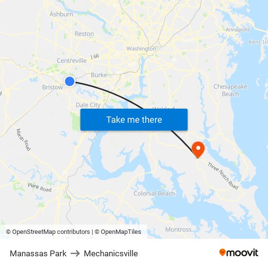 Manassas Park to Mechanicsville map