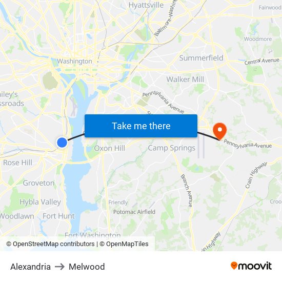 Alexandria to Melwood map