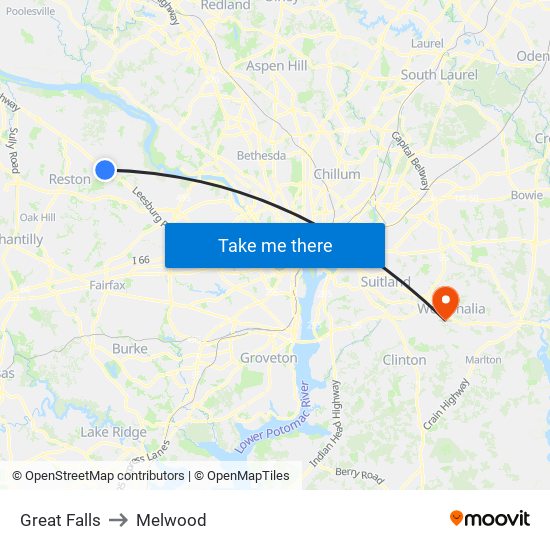 Great Falls to Melwood map