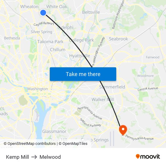 Kemp Mill to Melwood map