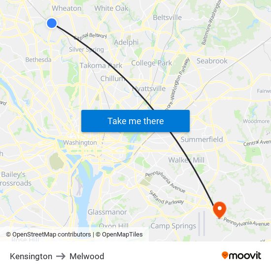 Kensington to Melwood map