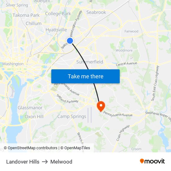 Landover Hills to Melwood map