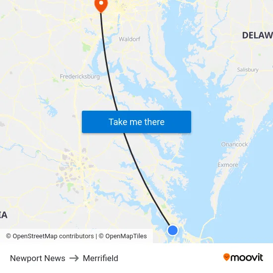 Newport News to Merrifield map
