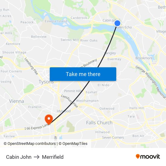 Cabin John to Merrifield map