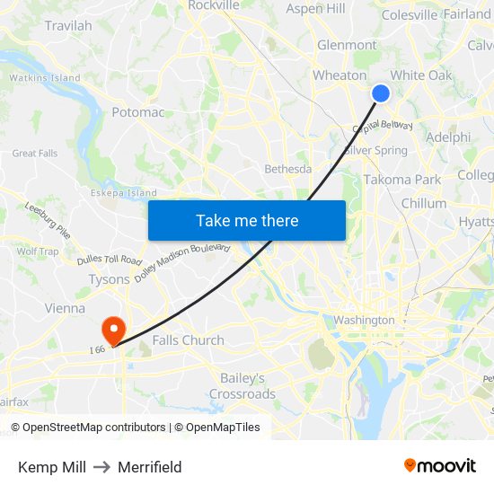 Kemp Mill to Merrifield map